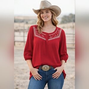 Hayden Red Embroidered Women's Rayon Peasant Top Size Large